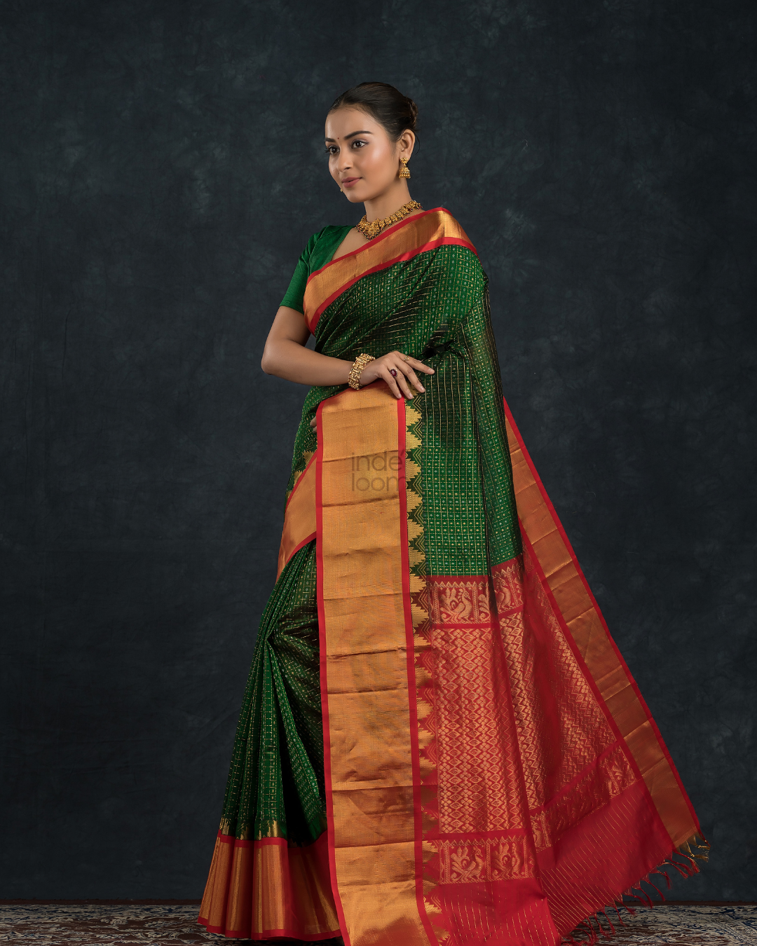 Pure handloom Korvai Lakshadeepam Silk cotton Saree with grand border in Pine Green and Golden Red Border - 133