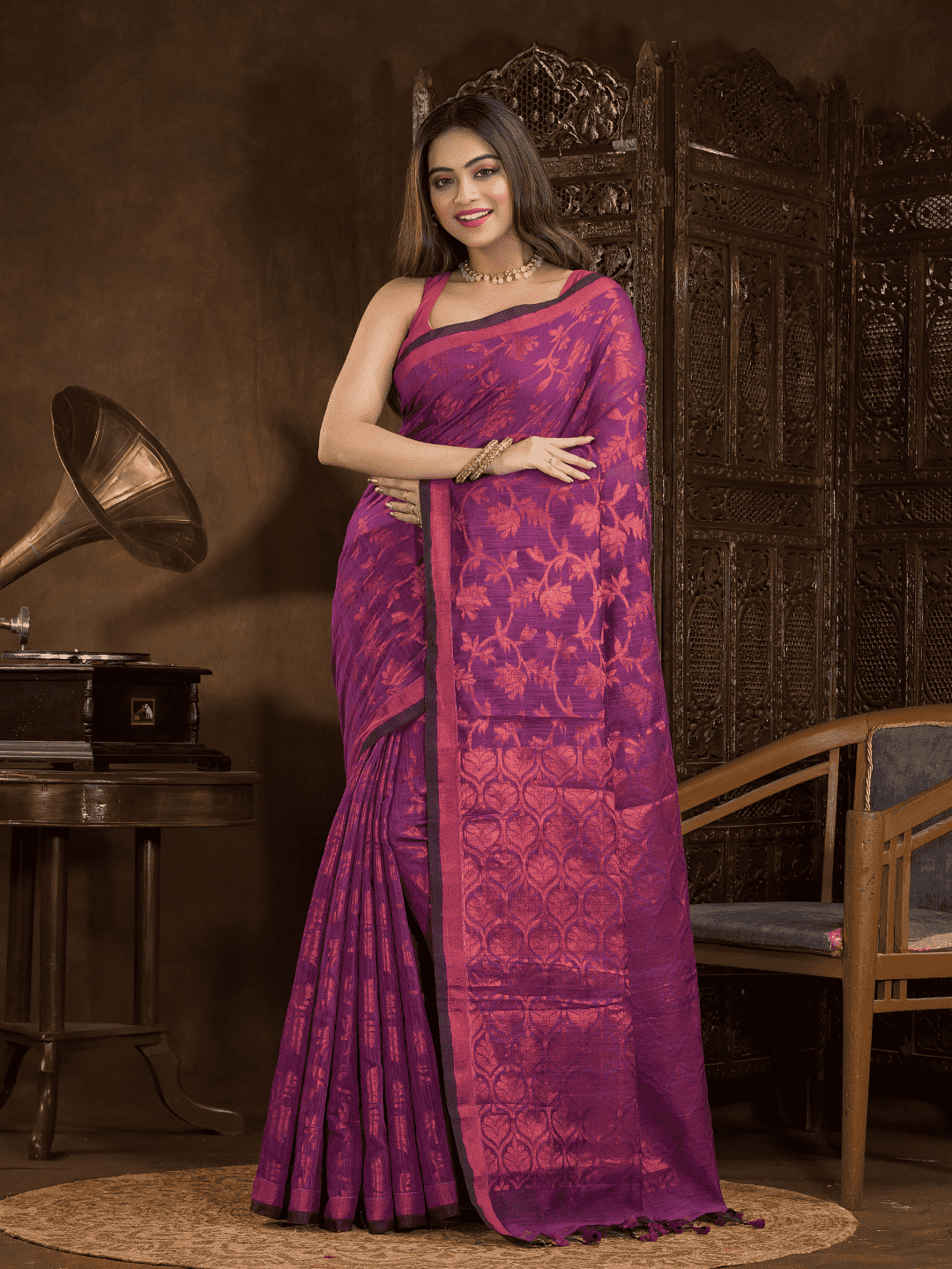 Hot Pink Jamdani Saree - 007