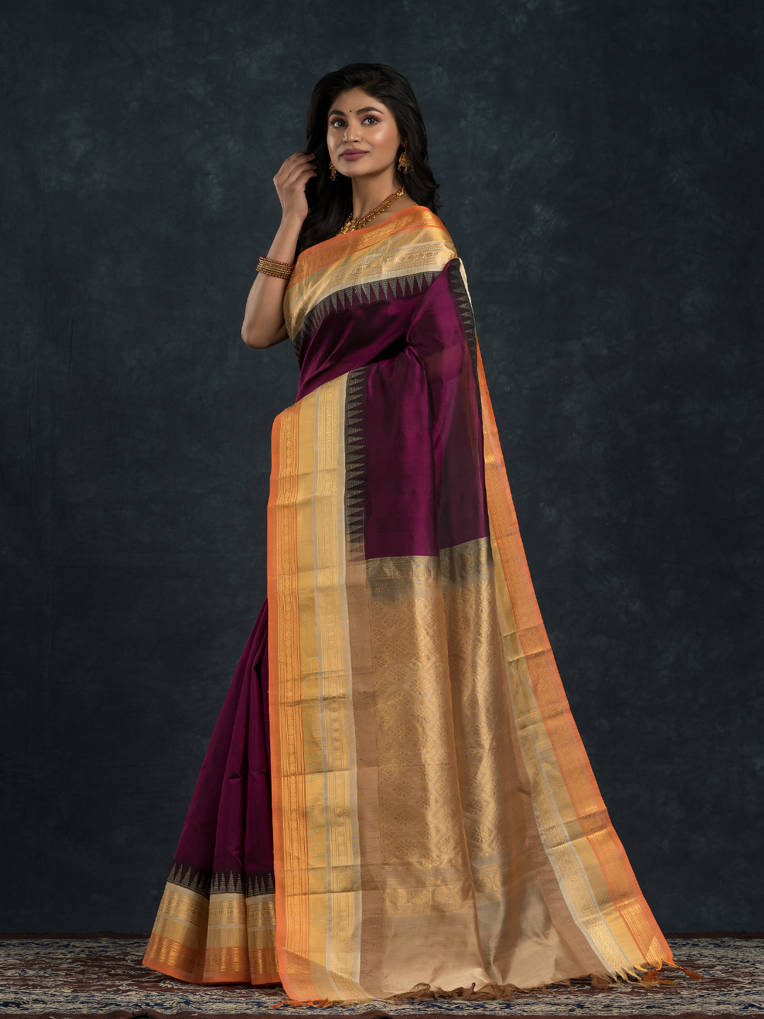 Korvai Saree with Temple border Blood Red with Beige and Golden Orange Border - 119