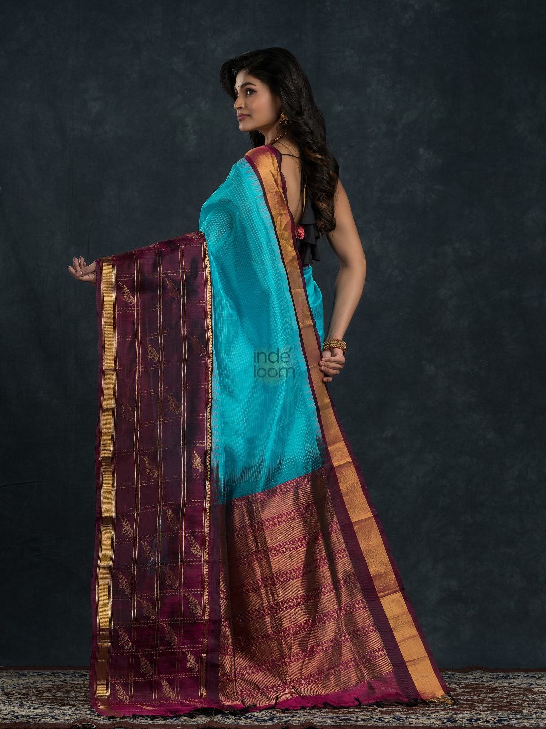 Korvai Saree with Parrot motifs on Zari Checks border bright Blue with Purple border - 131