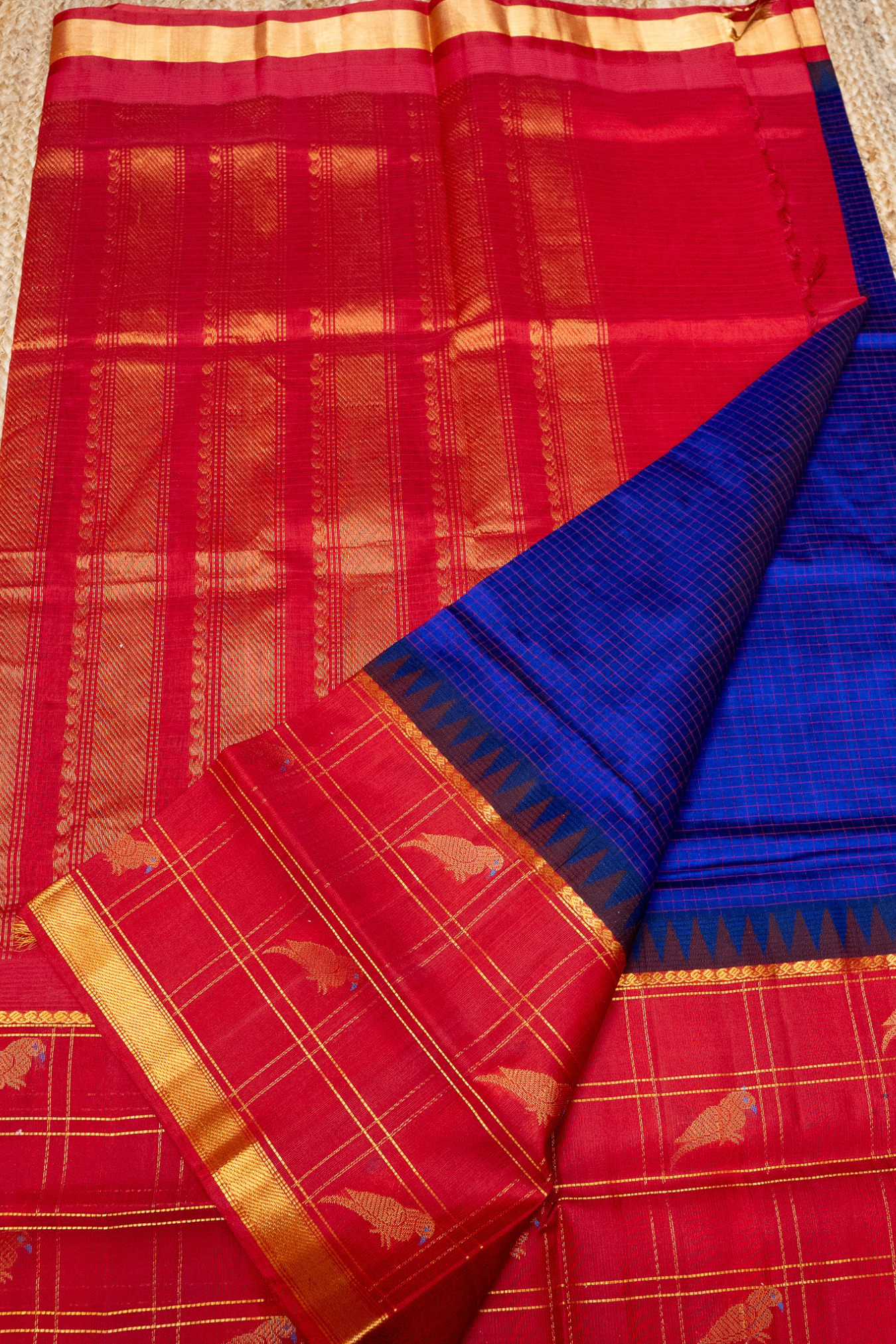 Pure handloom Korvai Silk Cotton Saree in border Ink Blue With Red with Parrot motifs on Zari Checks - 155