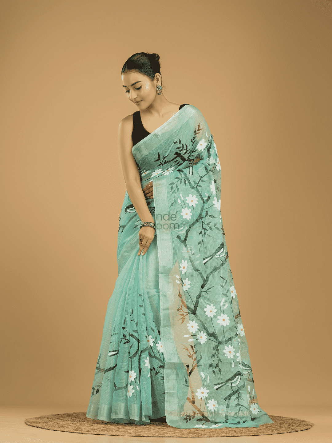 Kota Doria Handpainted Saree With Teal Green - 004