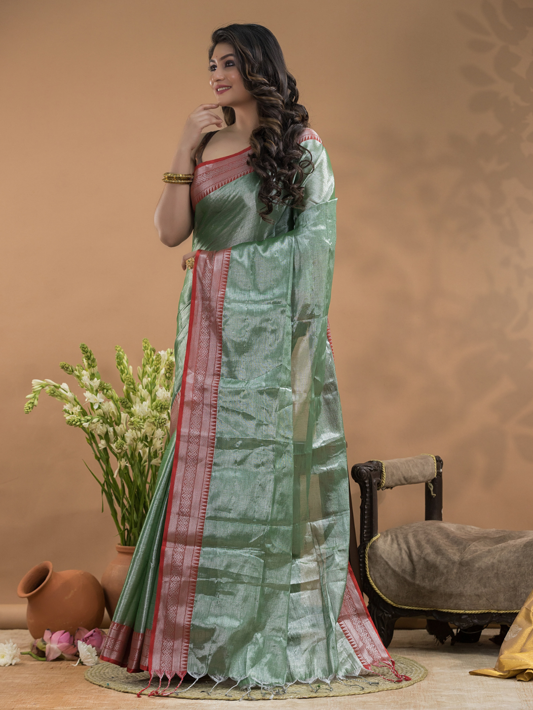 Tissue Silk Saree In Persian Green -024