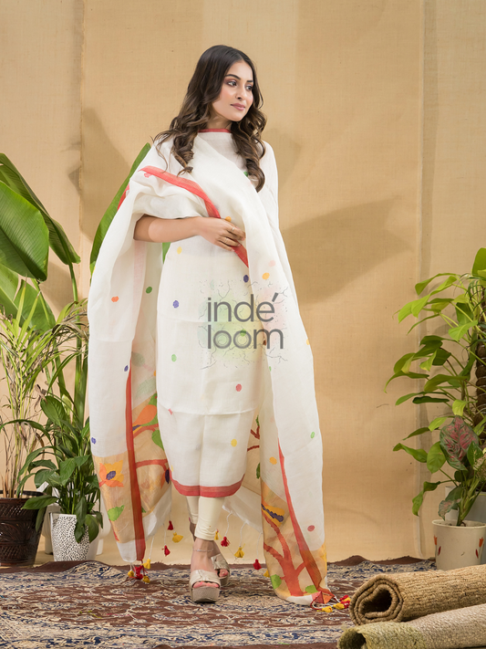 Snow  White Jamdani 2-Piece Set Kurti & Dupatta (UNSTITCHED) -752