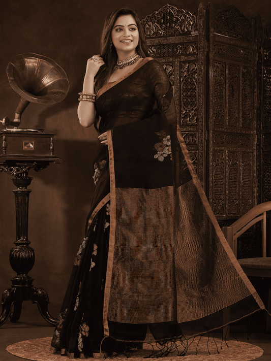 Coal Black Jamdani Saree - 008