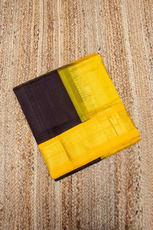 Warm Black Yellow Border Korvai Saree -156