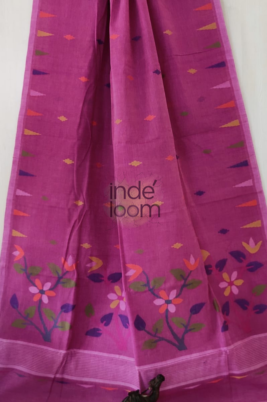 Floral Fuscia Pink Bengal Pure Cotton Jamdani Saree-004