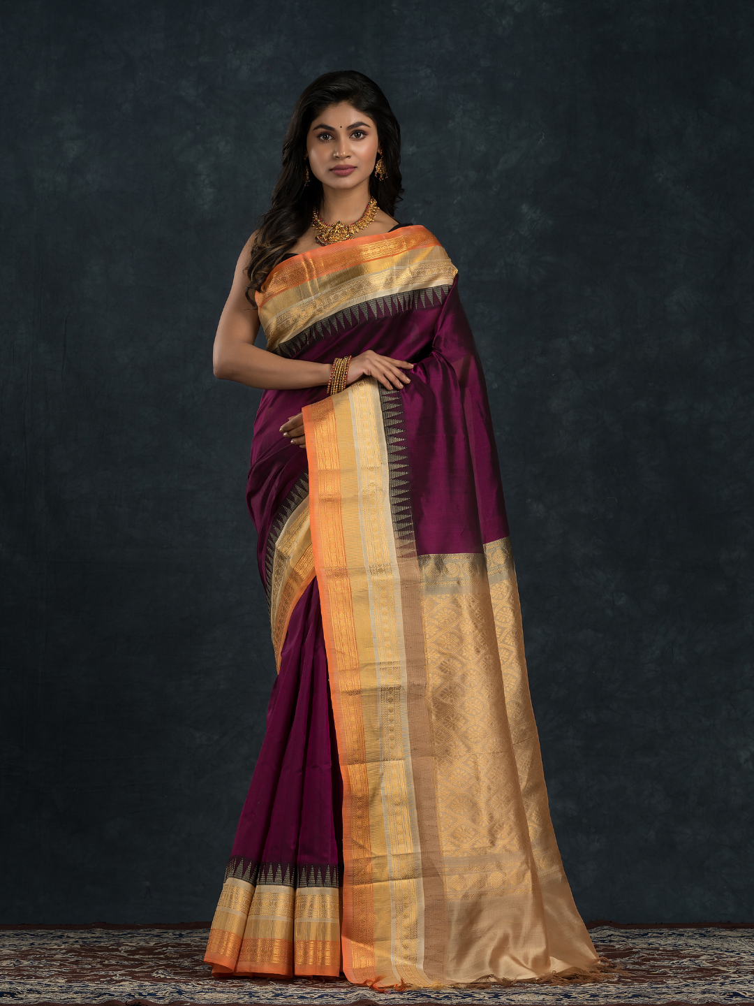 Korvai Saree with Temple border Blood Red with Beige and Golden Orange Border - 119