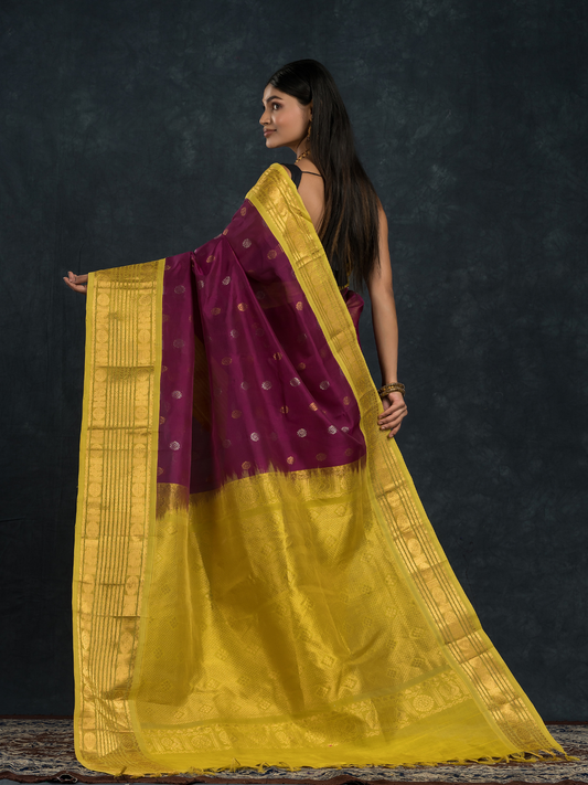 Korvai Saree in Grape Purple and Golden Yellow - 011