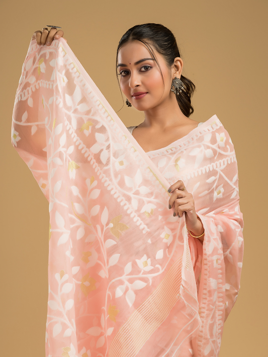 Light Pink Cotton Silk Jamdani Saree - 023