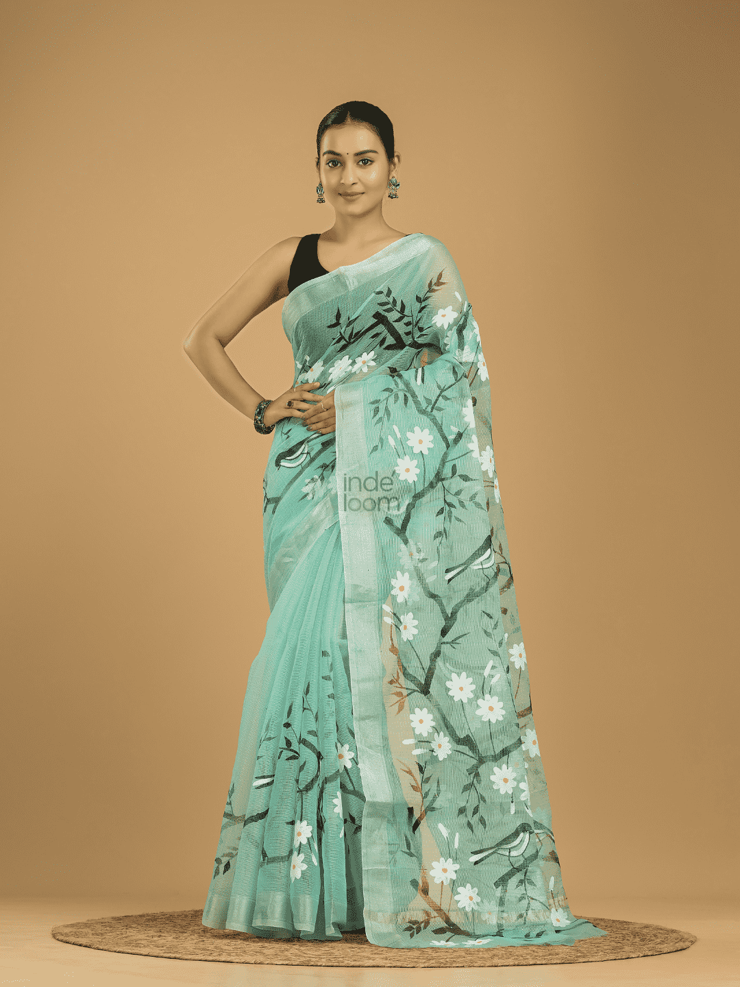 Kota Doria Handpainted Saree With Teal Green - 004