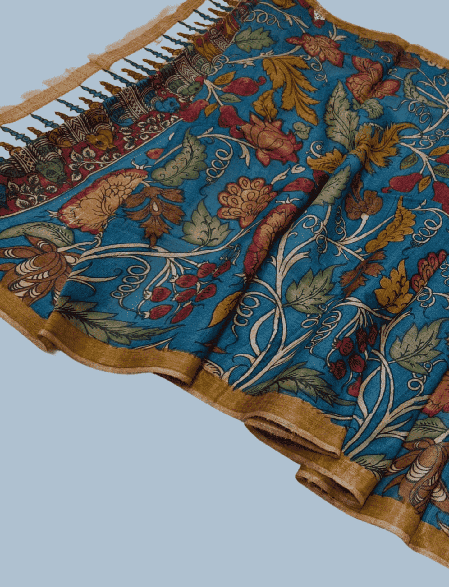 Pen Kalamkari Tussar Silk Dupatta in Classic Blue -013