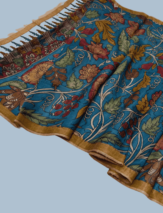 Pen Kalamkari Tussar Silk Dupatta in Classic Blue -013