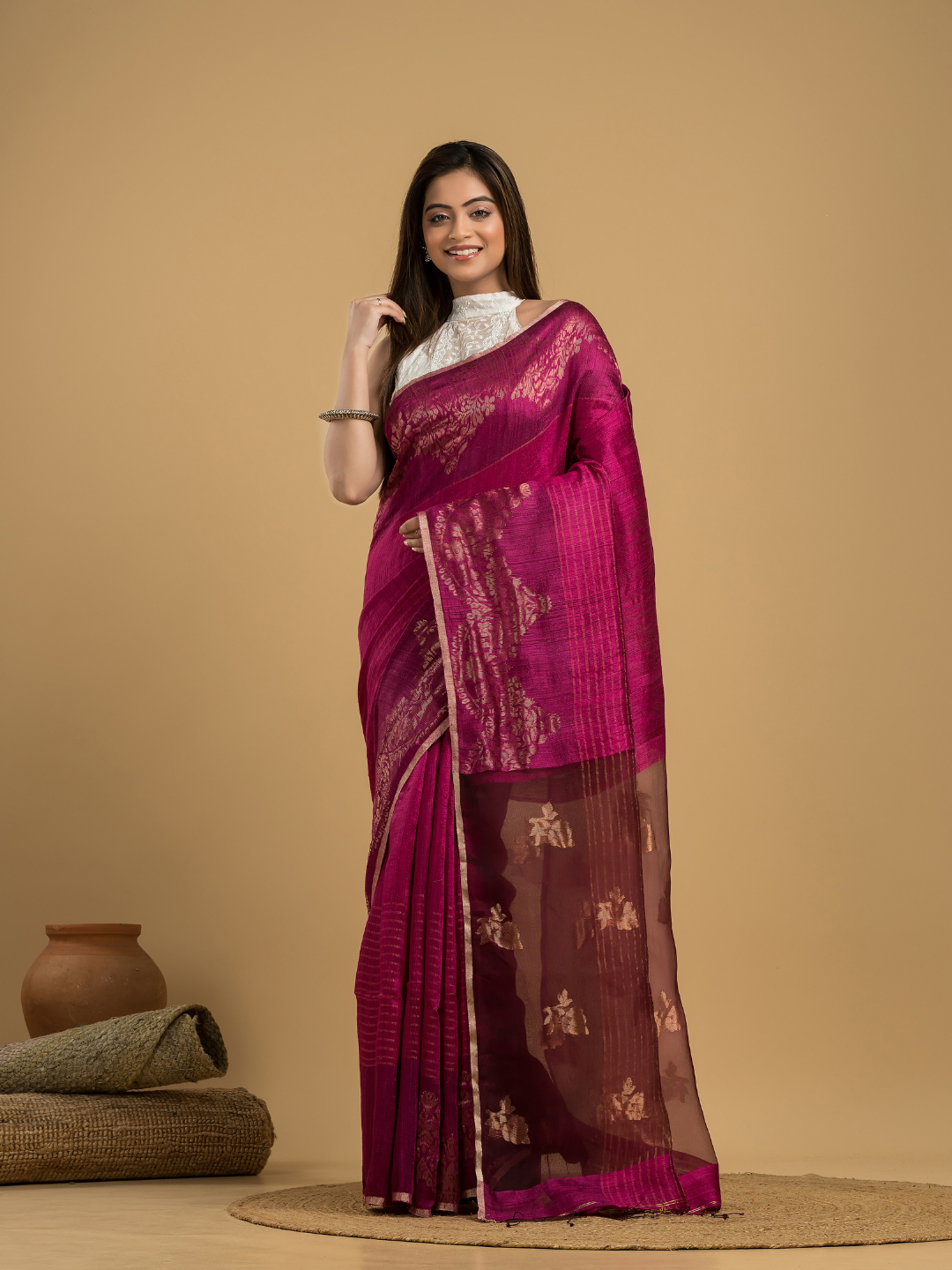 Deep Pink Matka Silk Jamdani Saree - 046