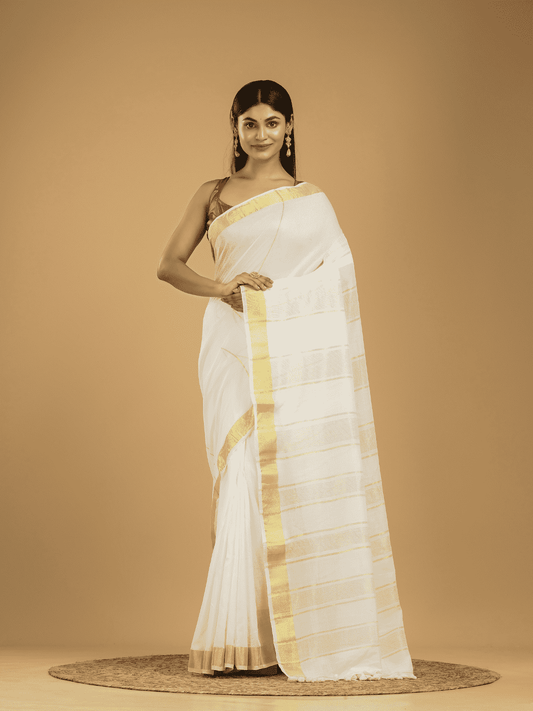 Linen Cotton Saree With Snow White and Yellow Border - 047