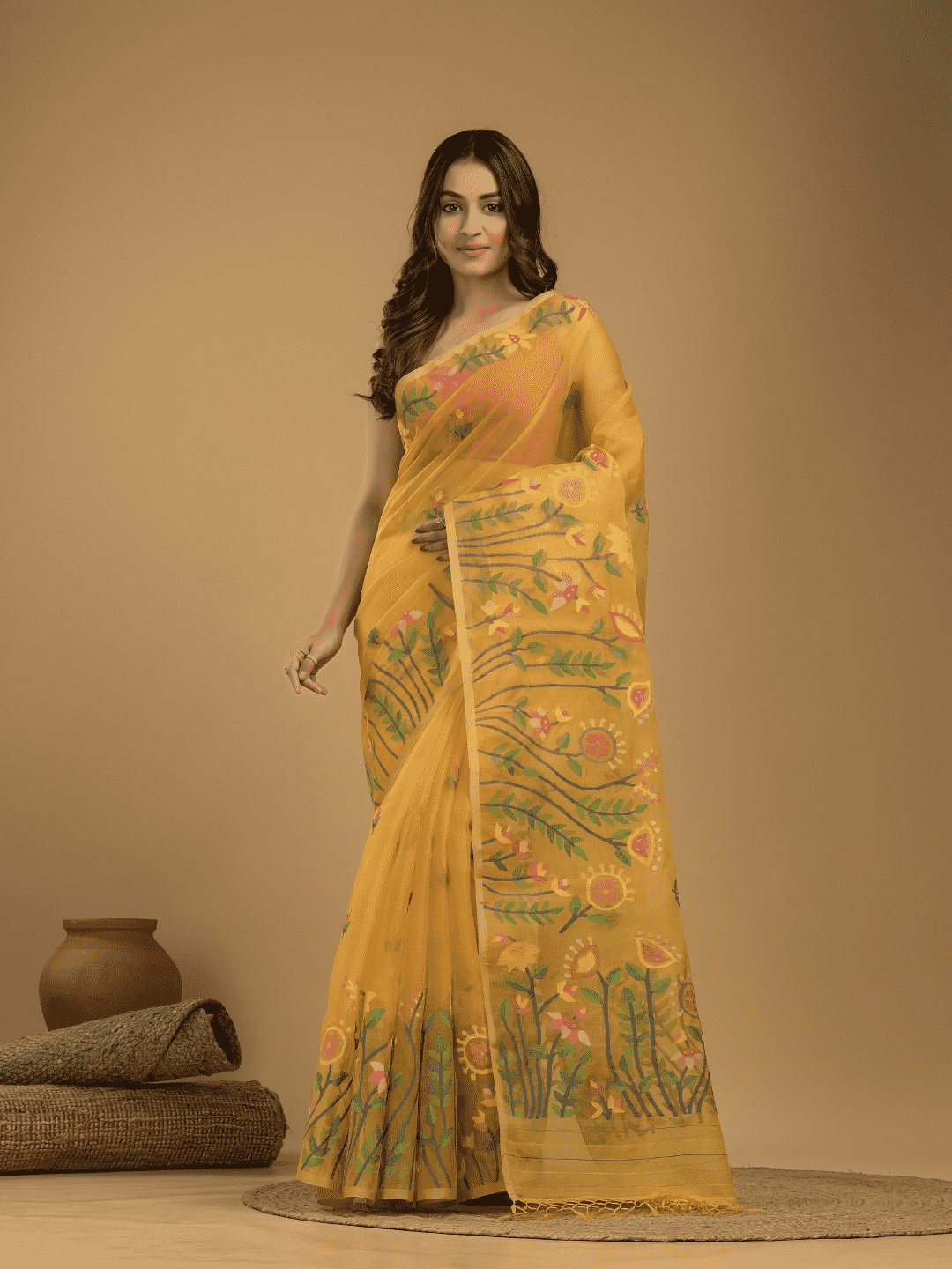 Jamdani Saree With Mustard Yellow - 04