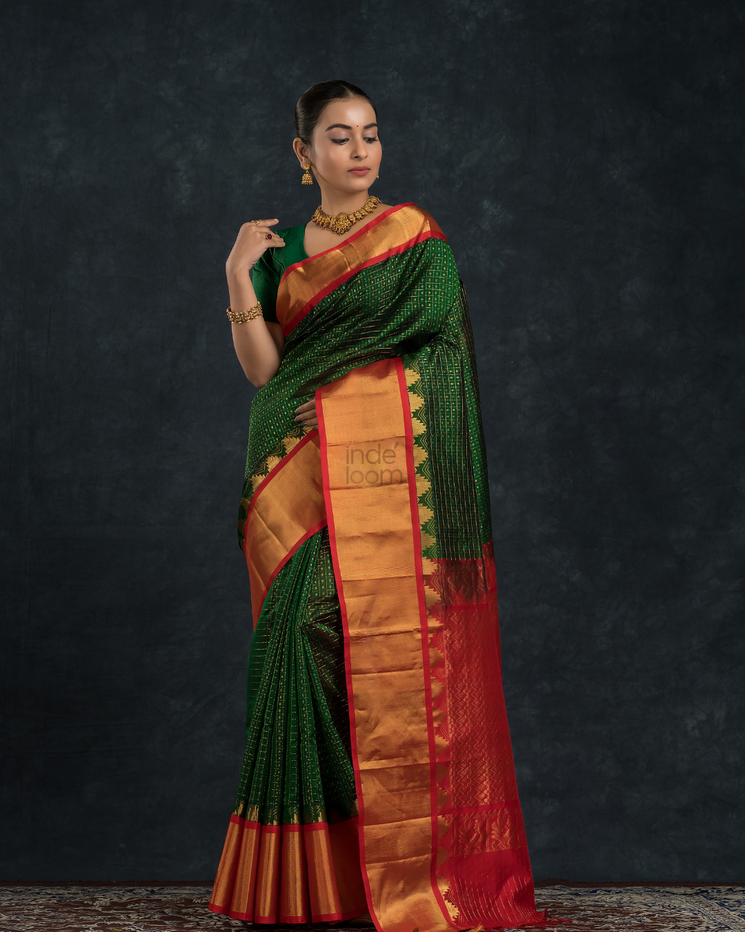 Pure handloom Korvai Lakshadeepam Silk cotton Saree with grand border in Pine Green and Golden Red Border - 133