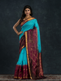 Korvai Saree with Parrot motifs on Zari Checks border bright Blue with Purple border - 131