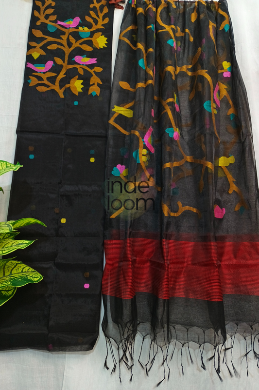 Muslin Jamdani 2 Piece Set Kurti & Dupatta with Black-310