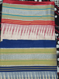 Beige & Red Blue Handloom Vidarbha Tussar Silk Saree with Multicolor Contrast Border-003 - indeloom