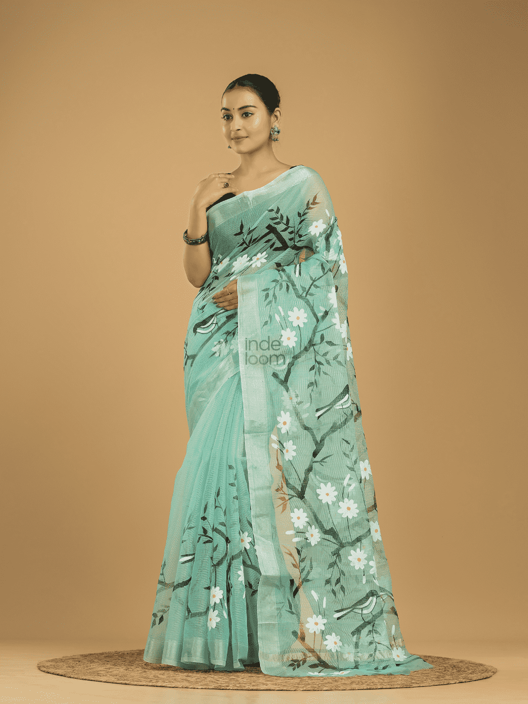 Kota Doria Handpainted Saree With Teal Green - 004