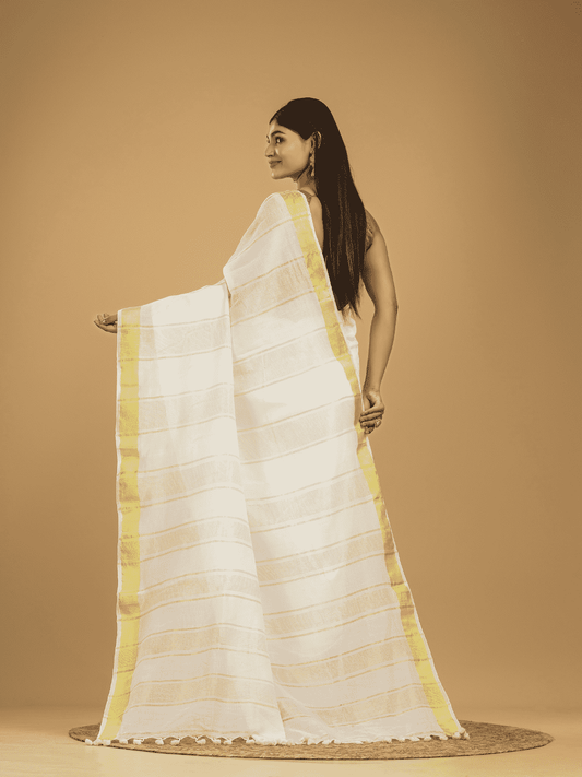 Linen Cotton Saree With Snow White and Yellow Border - 047