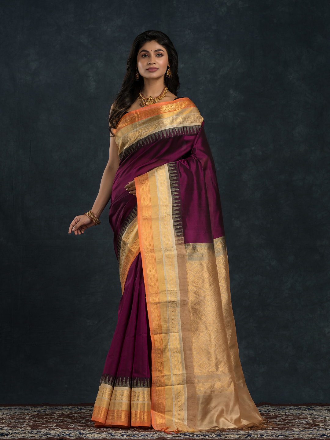 Korvai Saree with Temple border Blood Red with Beige and Golden Orange Border - 119