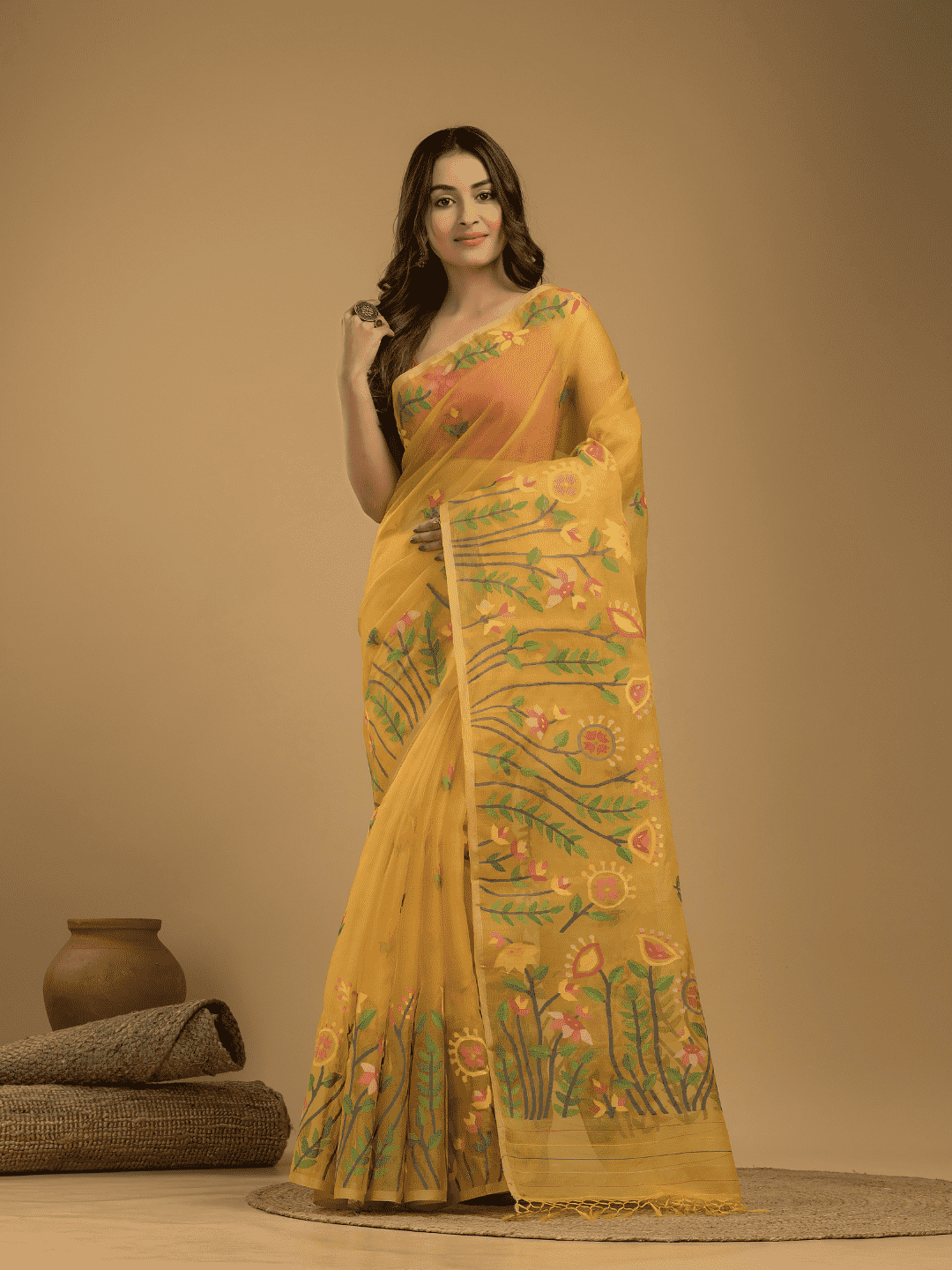 Jamdani Saree With Mustard Yellow - 04