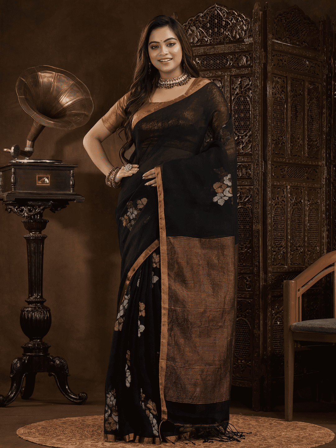 Coal Black Jamdani Saree - 008