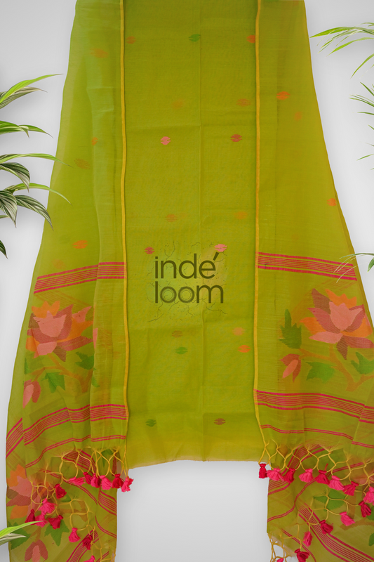 Cotton Jamdani 2 Piece Set Kurti & Dupatta with Olive Green -372