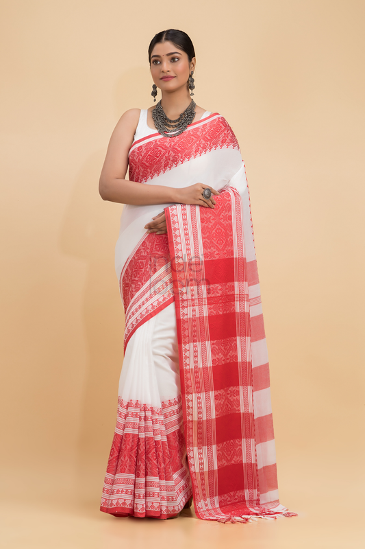 Dewali Saree Hnadloom Cotton in Red and White-004