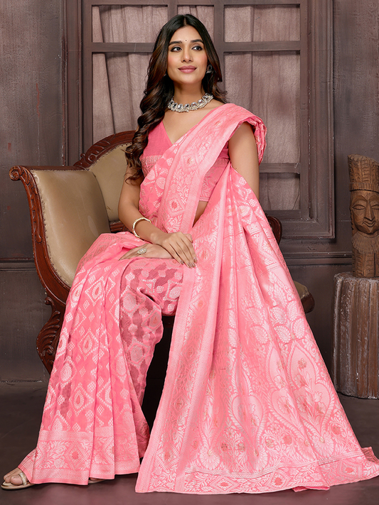 Chanderi Cotton Saree with Geometric design In Baby Pink (Precision Looms) - 013