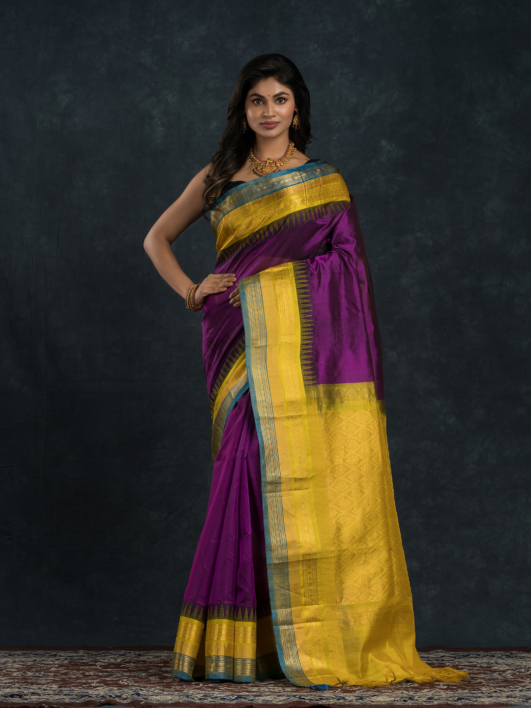 Korvai Saree with Temple border Royal Purple and Blue yellow Border - 162