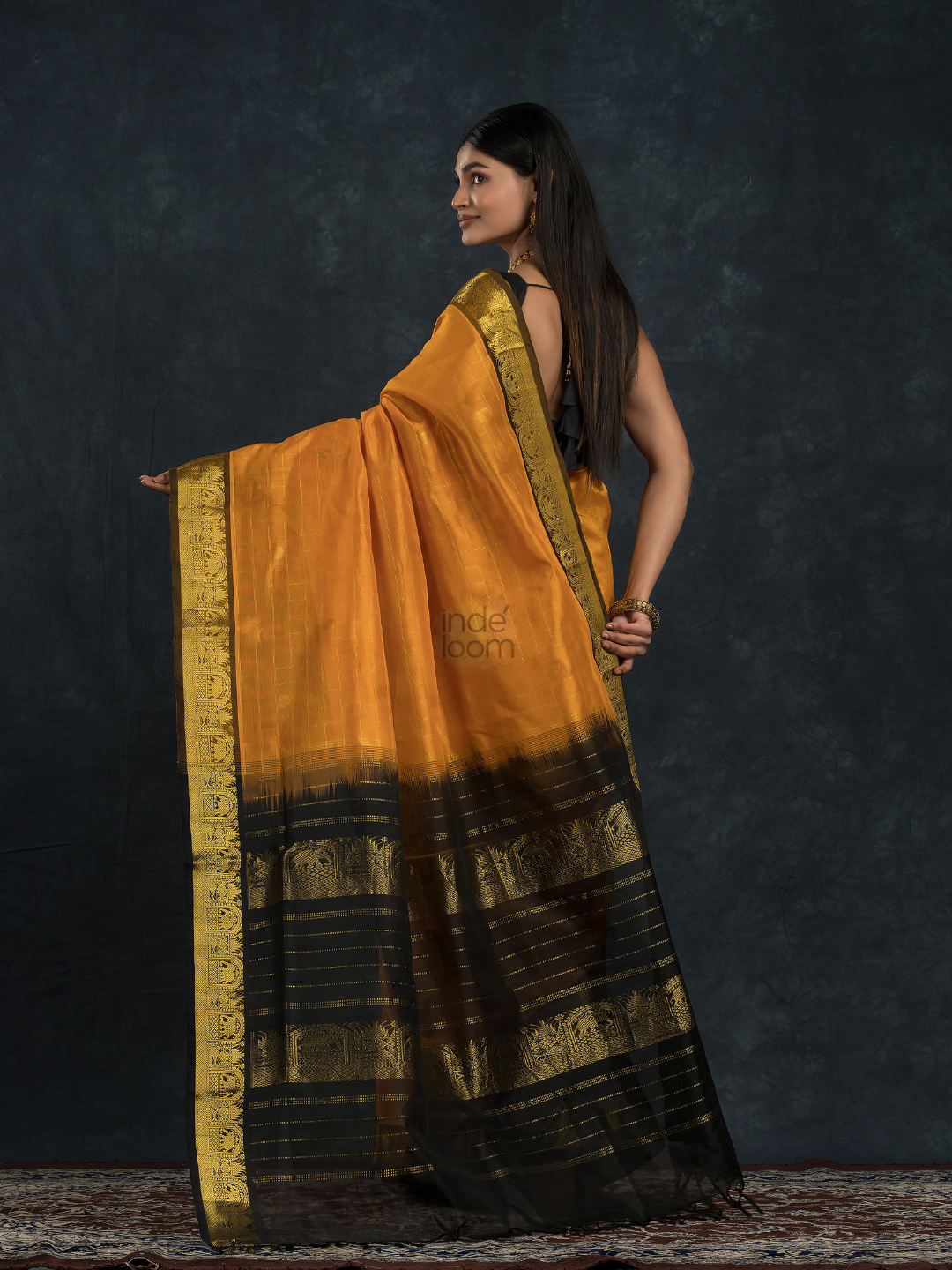 Korvai Saree Checks with small buttas Golden Yellow with Black Border - 139