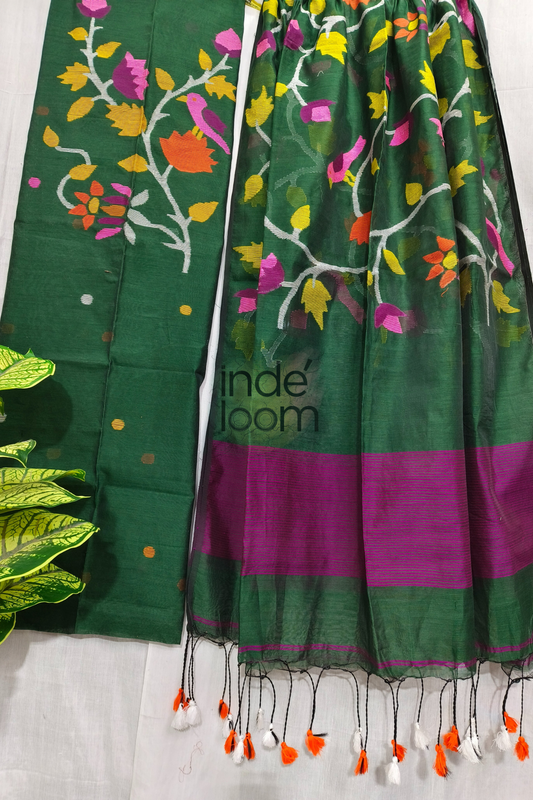 Muslin Jamdani 2 Piece Set Kurti & Dupatta with Multicolor Buds in Green-311