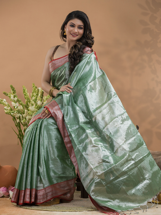 Tissue Silk Saree In Persian Green -024