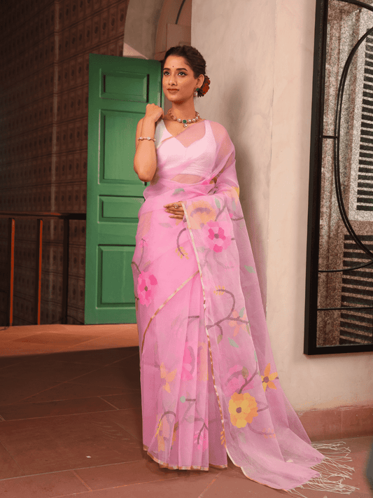 Rose Pink Hand Made Jamdani Saree -100