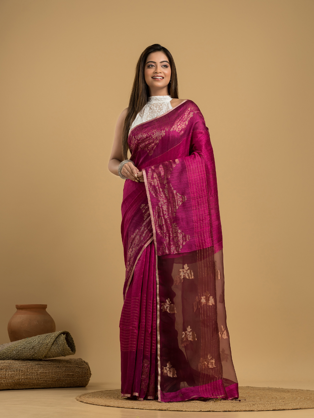 Deep Pink Matka Silk Jamdani Saree - 046