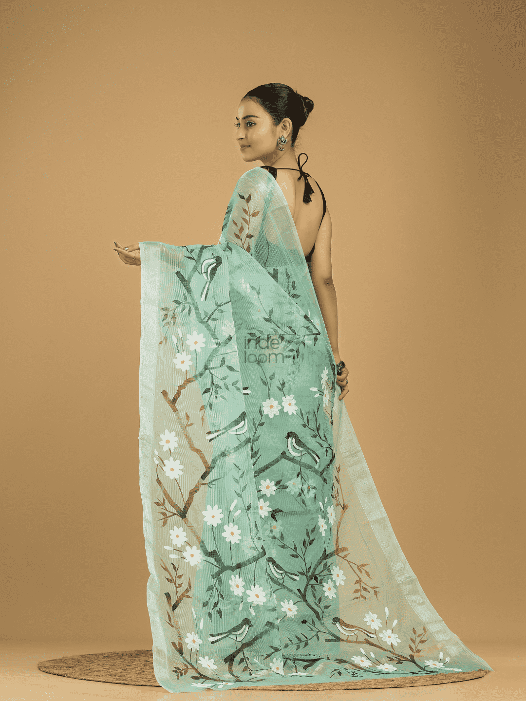 Kota Doria Handpainted Saree With Teal Green - 004