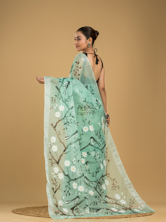 Kota Doria Handpainted Saree With Teal Green - 004