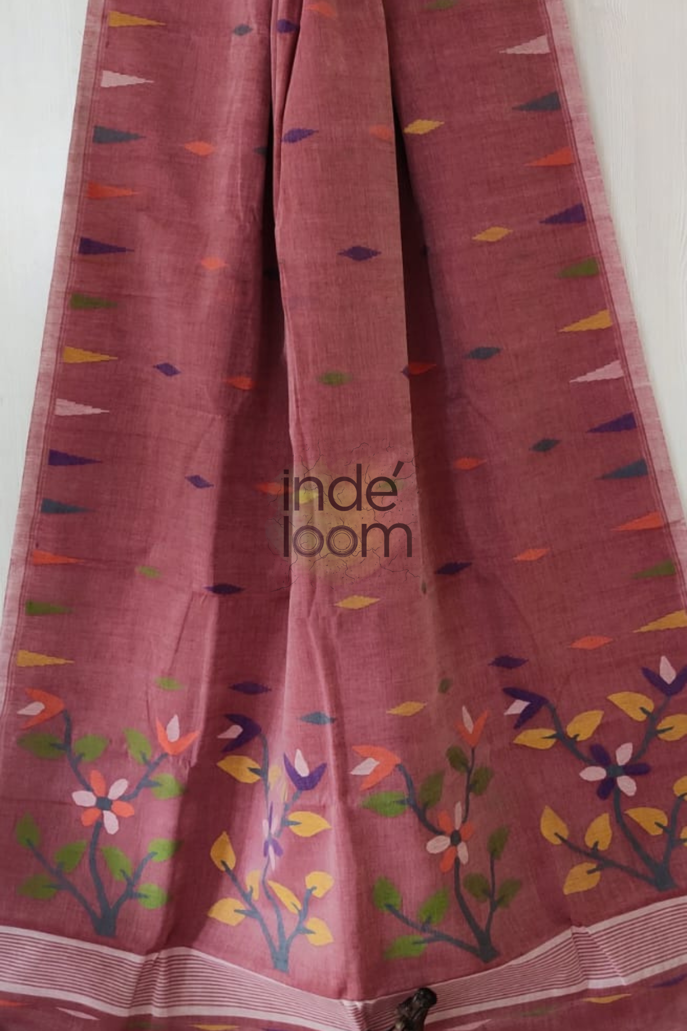 Floral Flamingo Pink Bengal Pure Cotton Jamdani Saree-006