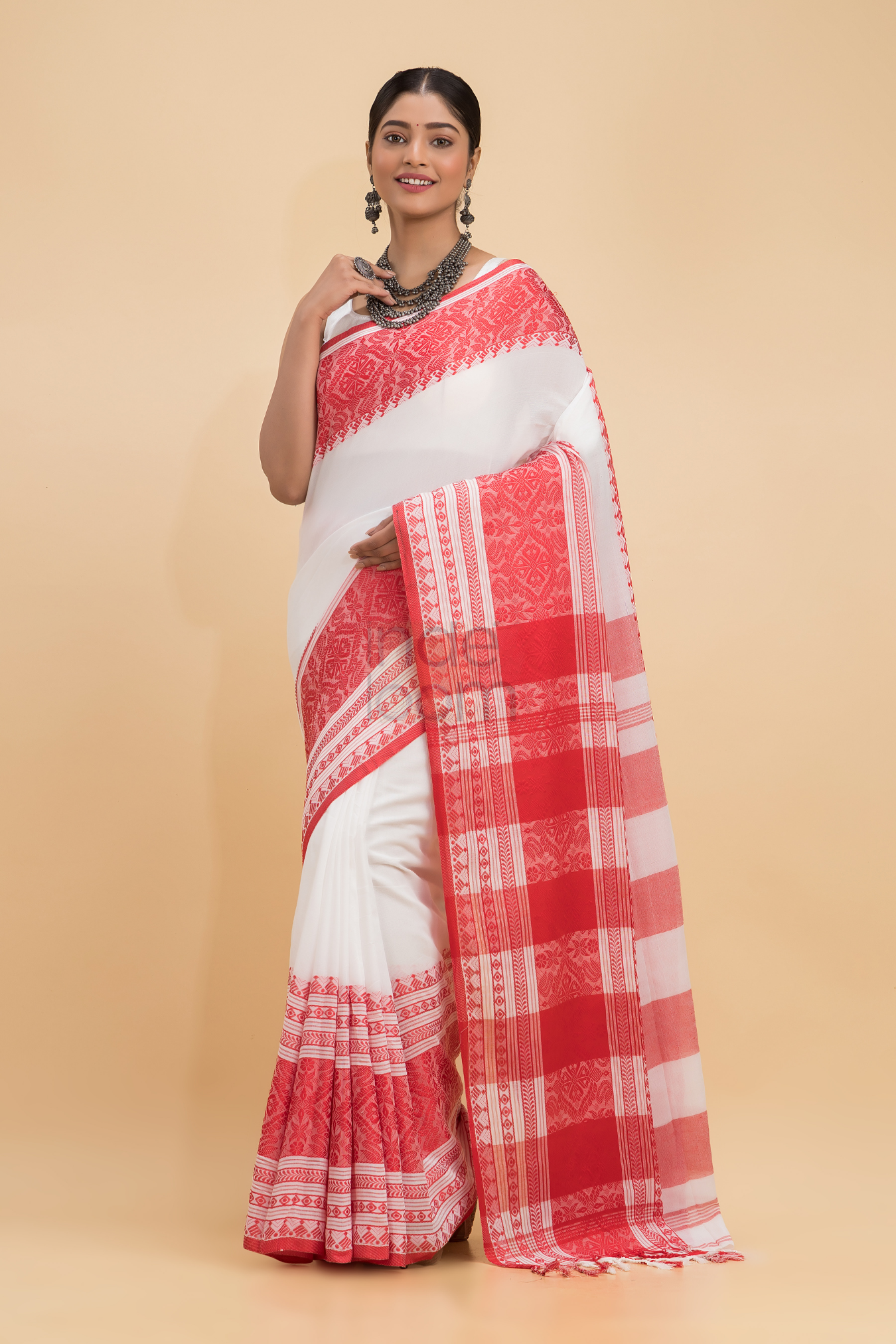 Dewali Saree Hnadloom Cotton in Red and White-004