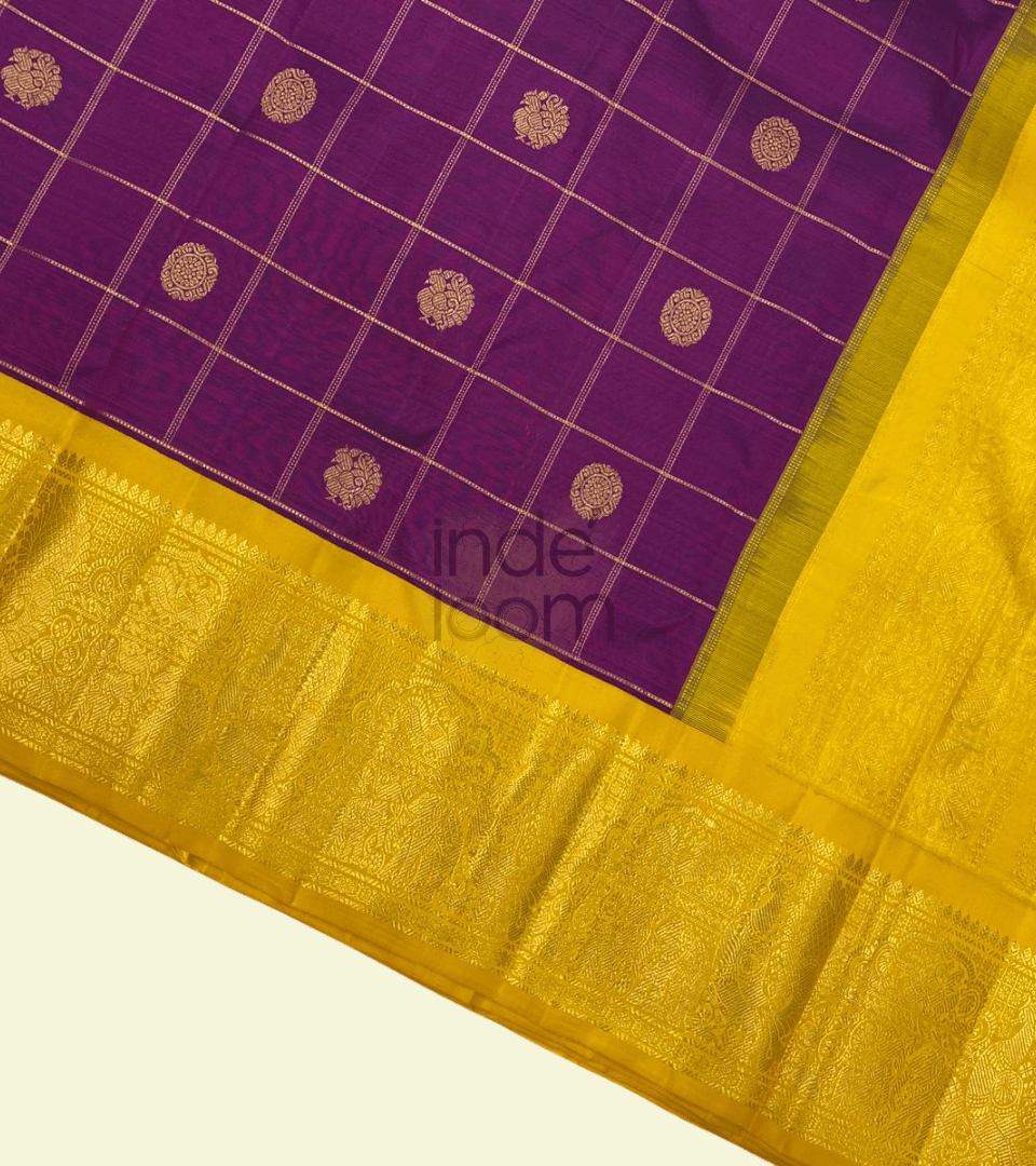 Pure Purple D esign with  Golden Yellow Pallu Gadwal  Silk Saree- 066