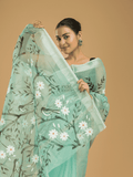 Kota Doria Handpainted Saree With Teal Green - 004