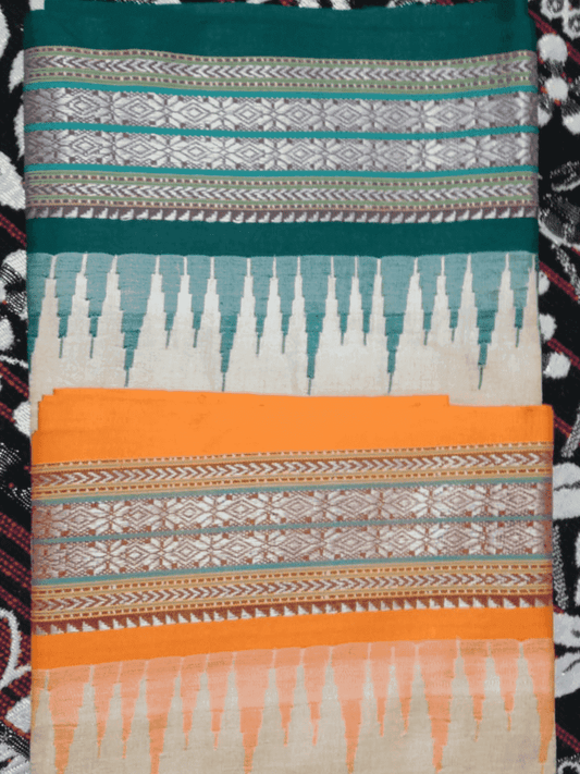 Beige & Green and Orange , Handloom Vidarbha Tussar Silk Saree with Multicolor Contrast Border-005 - indeloom