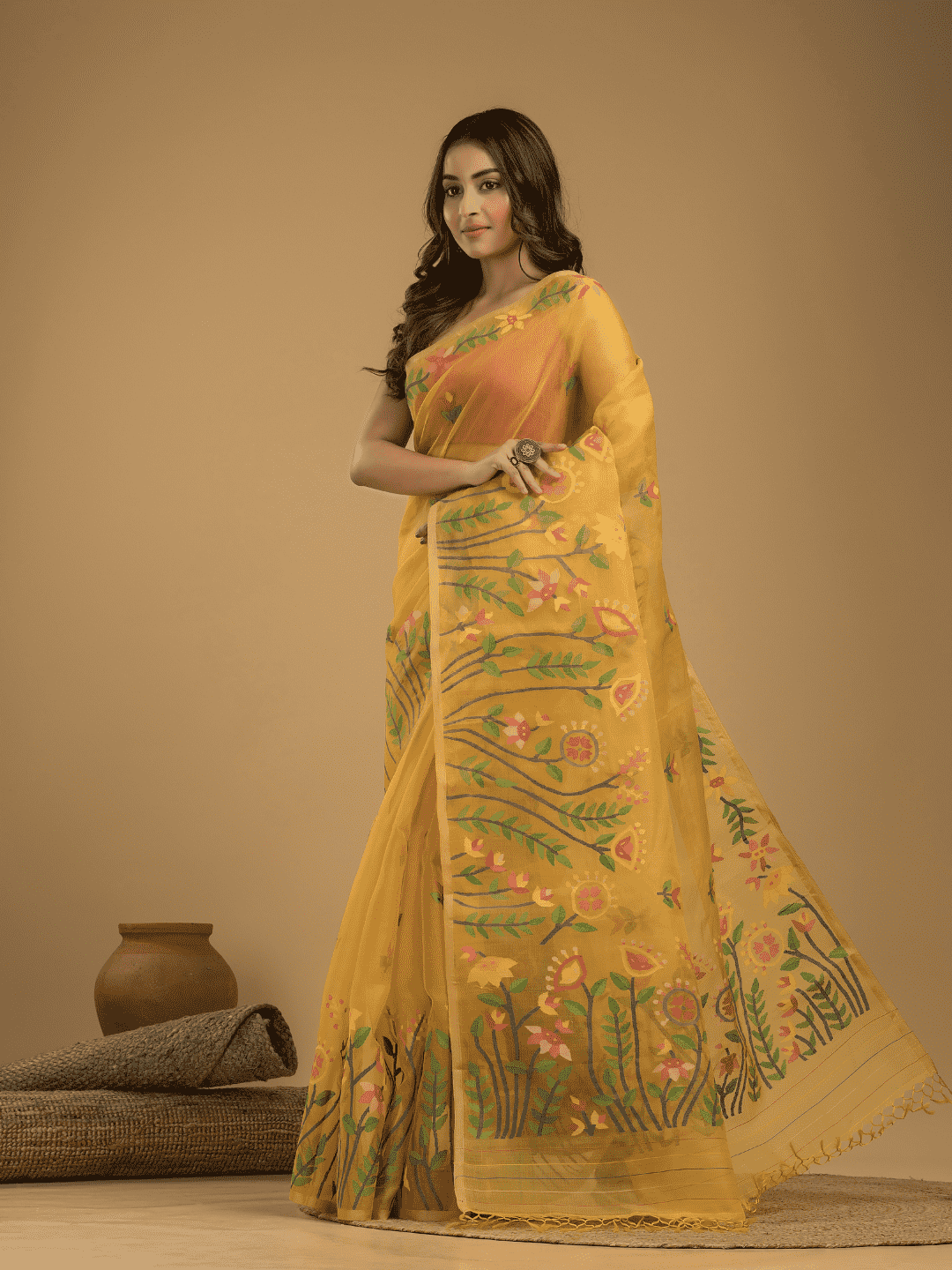 Jamdani Saree With Mustard Yellow - 04