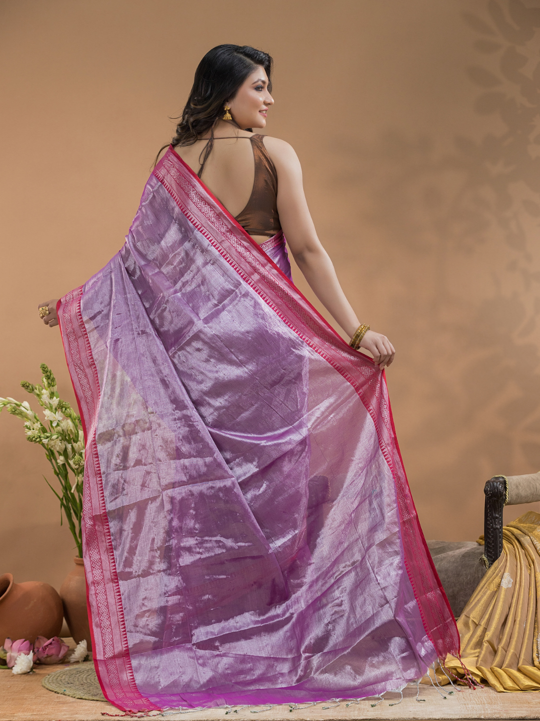 Shaded Golden Pink Tissue Silk Saree-034