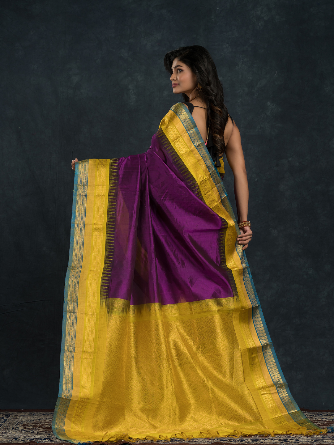 Korvai Saree with Temple border Royal Purple and Blue yellow Border - 162