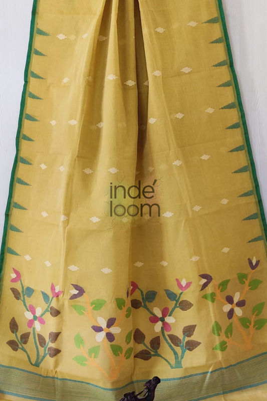 Floral Atomic Yellow Bengal Pure Cotton Jamdani Saree-007