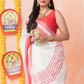 Durga Puja Saree  with Red Lines and Red border.-033